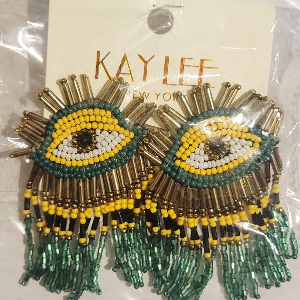 Eye Design Beaded Earrings - Green and Gold